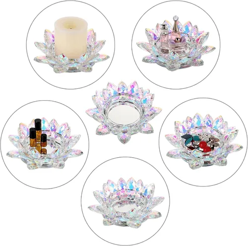 Vista 5 de OwnMy Portavelas de flor de loto de cristal para velas de pilar de hasta 3 pulgadas, portavelas votivas de pétalo de loto de vidrio decorativo