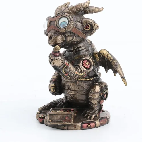 Vista 7 de Veronese Design Steampunk Dragon Tinkerer con gafas de engranaje mecánico Figura de resina acabado bronce