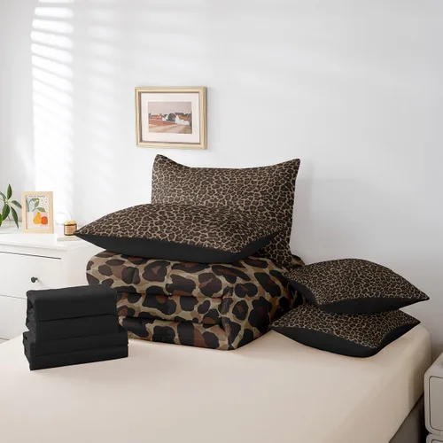 Vista 4 de Erosebridal Juego de edredón de 7 piezas con estampado de leopardo, tamaño Queen, juego de ropa de cama súper suave con estampado de guepardo, juego