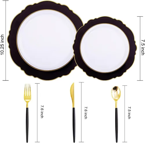 Vista 2 de WDF 30 Invitados - Platos de plástico negro y dorado, platos de Año Nuevo, cubiertos de plástico dorado con mango negro, vajilla desechable barroca
