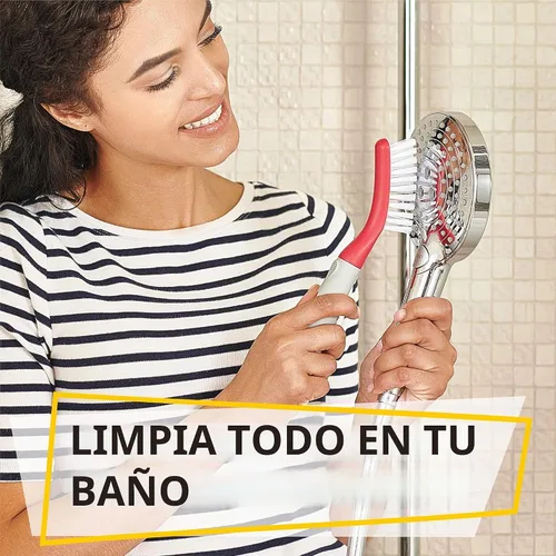 Vista 6 de Juego de 3 cepillos de limpieza con mango ergonómico y cerdas duraderas - Cepillo limpiador de lechada - Cepillos para limpiar baño, ducha 2-Rojo