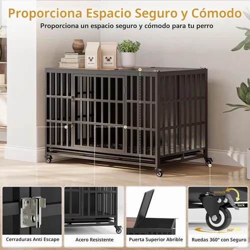 Vista 4 de Mueble resistente de 49 pulgadas, jaulas de madera para perros grandes y medianos, perrera interior con bandeja extraíble, mesa auxiliar decorativa