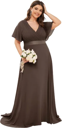 Vista 33 de Ever-Pretty Vestidos formales de noche de gasa para mujer con cuello en V de talla grande para mujeres con curvas, vestido de dama de honor de largo