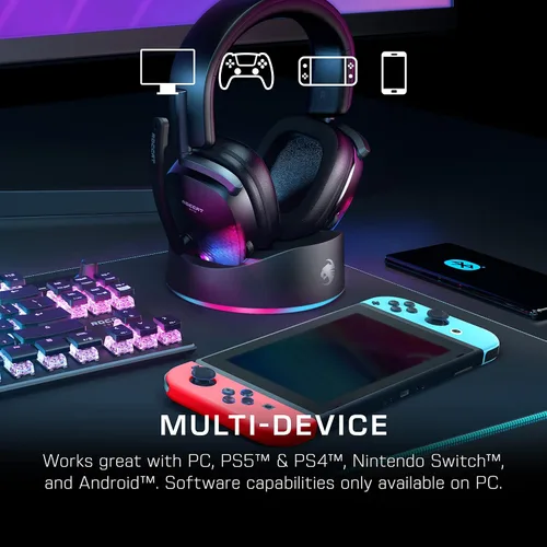 Vista 6 de ROCCAT Syn Max Air PC Wireless 3D Audio RGB - Auriculares para juegos, conexiones inalámbricas y Bluetooth simultáneas, batería de 16 horas y base