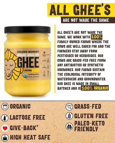 Vista 6 de GOLDEN MONKEY Mantequilla de ghee orgánica – Mantequilla clarificada alimentada con pasto para cocinar, hornear, keto y salud intestinal