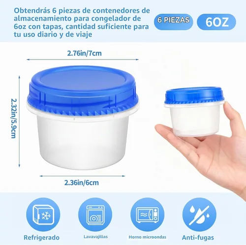 Vista 2 de Paquete de 6 recipientes para congelador con tapas de rosca, contenedor de almacenamiento de plástico reutilizable apilable de 6 onzas, recipientes