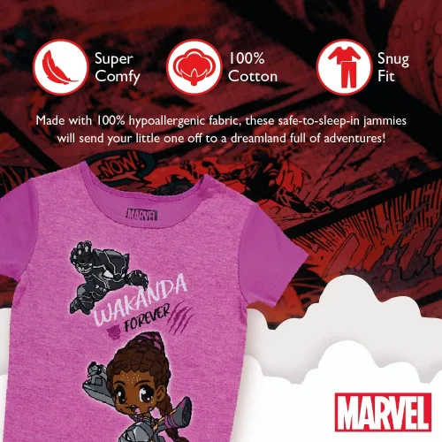 Vista 3 de Marvel Girls' Black Panther Wakanda Forever Groot 2-Piece Snug-fit Cotton Pajamas Set
