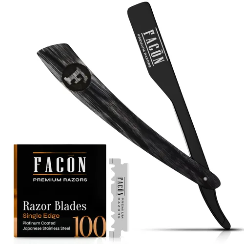Vista 13 de Facón Navajas rectas para hombres - Kit de navaja de barbero profesional de borde recto con 100 cuchillas, afeitadora clásica de acero inoxidable