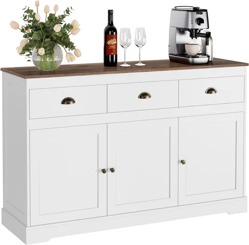 Vista 8 de Keyluv Armario de buffet blanco para almacenamiento, aparador de cocina, estilo granja, bufé, bar, gabinete de vino con 3 cajones y 3 puertas