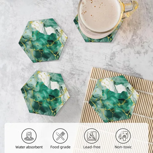 Vista 5 de Abstract Green and Gold Marble Ceramic Coaster Set of 4