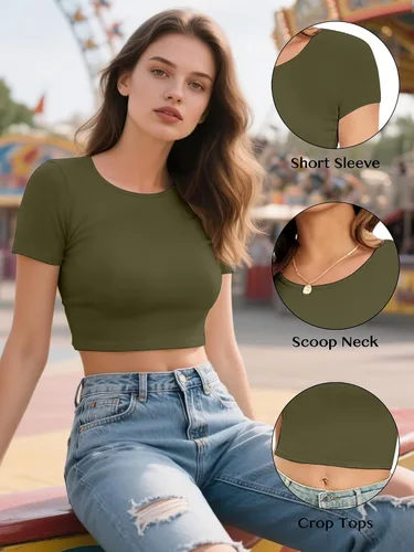 Vista 4 de Paquete de 4 camisetas cortas básicas ajustadas de manga corta para mujer, lindas camisetas cortas de moda con cuello redondo para mujeres