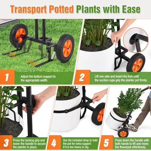 Vista 5 de Carrito de plantas con ruedas, carrito de plantas resistente con brazo de agarre ajustable y ventosas para macetas, carrito de mudanza de macetas