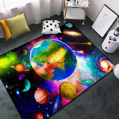 Vista 10 de Alfombra espacial para habitación de niños, alfombra de galaxia para niños, alfombras espaciales para dormitorio de niños, decoración