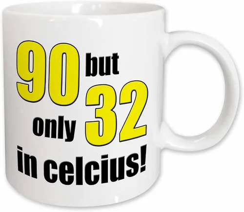 Vista 11 de 3dRose 90 pero solo 32 en Celsius. Amarillo. Taza negra de dos tonos de 11 oz