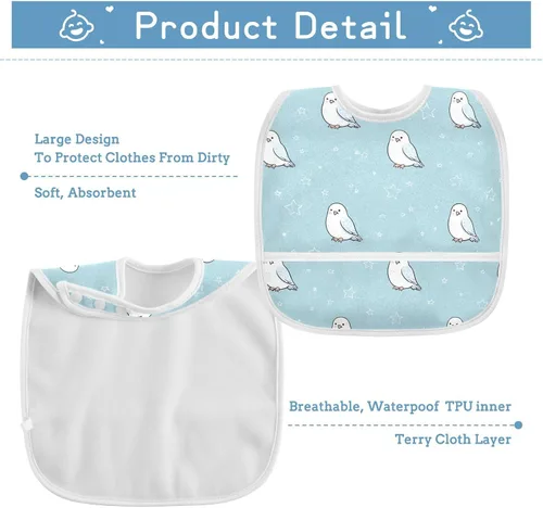 Vista 5 de Absorbent Baby Drooling Bibs with Button Snap 2 Pack Teething Feeding Cute Animal Hawk Star Pastel Blue baberos para nino paquete