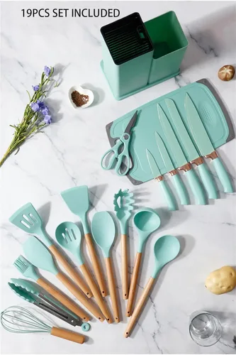 Vista 7 de Juego de utensilios de cocina y cuchillos de 19 piezas con bloque, 9 piezas de utensilios de cocina de silicona, 5 piezas afiladas de acero Beige