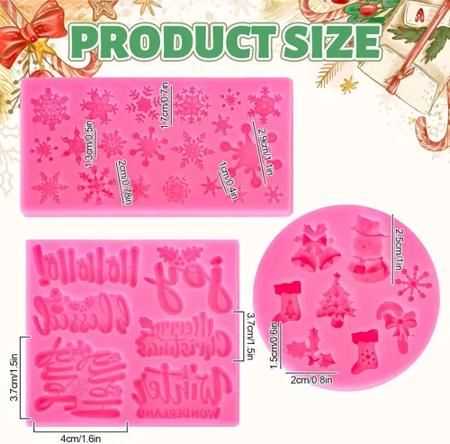 Vista 2 de Whaline 3 moldes de silicona para fondant de Feliz Navidad, diseño de copos de nieve rosados, con palabras bendecidas, alegría, acebo, Jolly