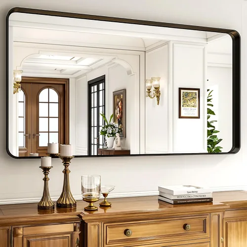 Vista 22 de Espejo de baño negro de 30"x22" - Espejo moderno para pared con esquinas redondeadas, espejos de baño para tocador, espejo enmarcado de aleación