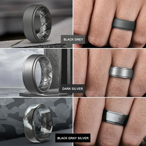 Vista 3 de Egnaro - Anillos de boda de silicona con borde escalonado para hombres con diseño de arco en el interior, 7, 4 y 1 anillo, cómodos para entrenar