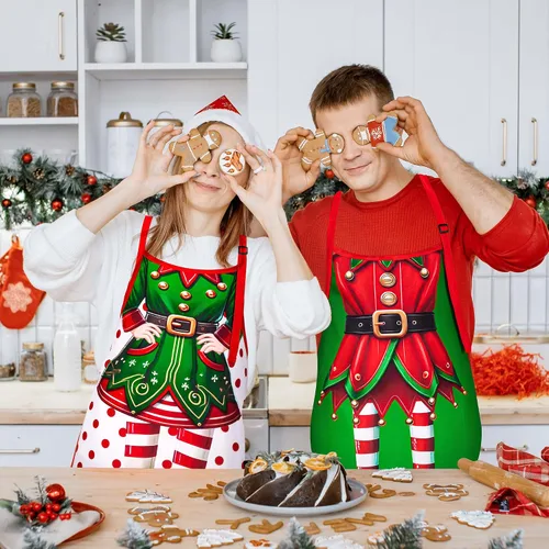 Vista 6 de 90shine 4 piezas de delantales de Navidad para mujeres: delantal de cocina para hornear y cocinar, accesorios de disfraz para adultos, decoraciones