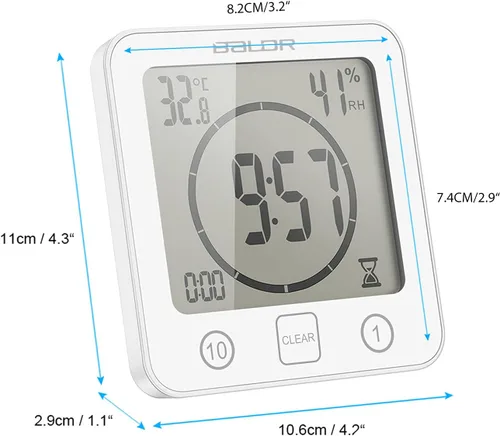 Vista 4 de Temporizador de ducha digital con pantalla táctil impermeable, pantalla de temperatura y humedad, reloj de baño con ventosas y agujero para colgar