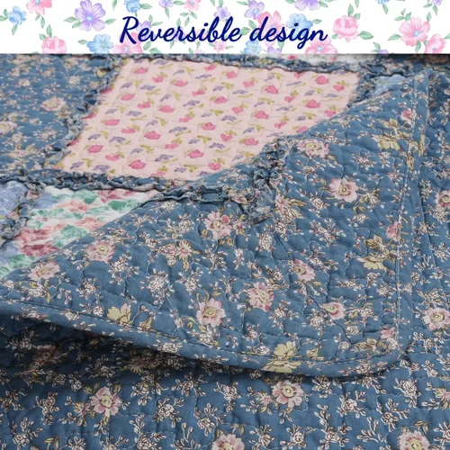 Vista 5 de Cozy Line Home Fashions - Juego de ropa de cama reversible de 100% algodón con diseño de patchwork real, estilo cottage francés, floral, colcha