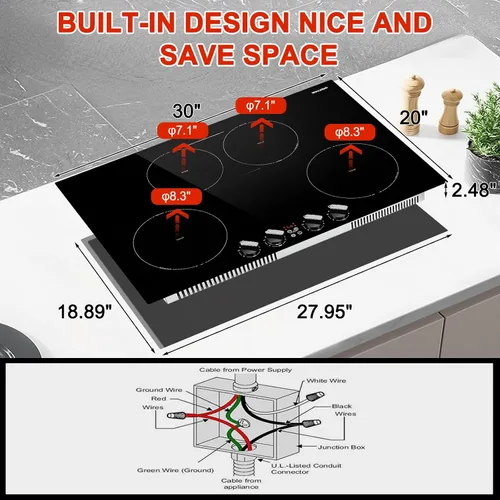 Vista 6 de Placa de cocción de inducción de 30 pulgadas, 4 quemadores con elemento de puente, estufa integrada de 7800 W, función de refuerzo, 10 niveles
