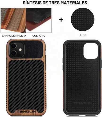 Vista 2 de TENDLIN Compatible con iPhone 11 Funda de grano de madera con textura de fibra de carbono, diseño híbrido de cuero, color negro