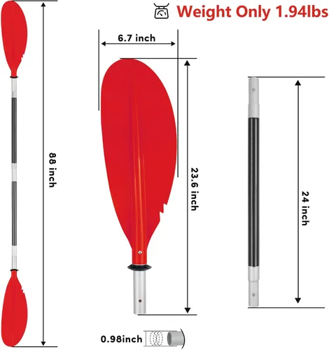 Vista 24 de Remo de kayak, 88 pulgadas, 4 piezas de remos para kayak, flotador de eje de aleación de aluminio resistente, ligero, desmontable, ajustable