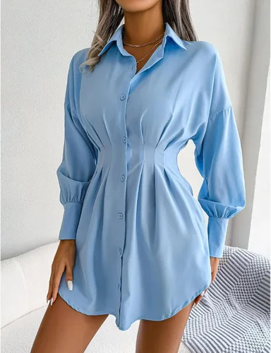 Vista 2 de TOPINCN Minivestido tipo camisa con cuello en V para mujer, estilo casual, manga larga, botones, fruncido, longitud hasta la rodilla, vestido