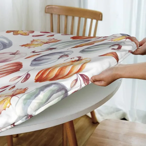 Vista 4 de Mantel elástico redondo con diseño de hojas de calabaza otoñal, con borde ajustable para mesa de 45 a 50 pulgadas de diámetro