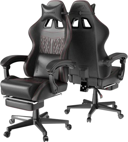 Vista 9 de Ferghana Silla vintage de piel sintética para videojuegos, silla de jugador con respaldo alto con masaje, silla ergonómica de oficina para Negro