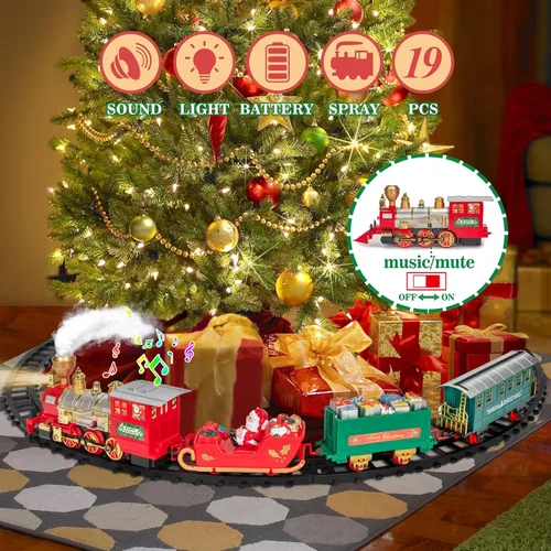 Vista 2 de OleFun Juego de tren de Navidad, juguetes de tren eléctrico con vapor de agua, sonidos y luces, juego de tren modelo para debajo del árbol