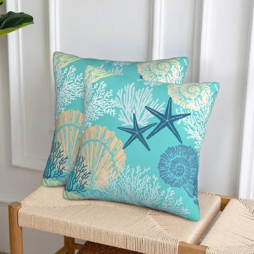Vista 6 de Fundas de almohada de playa costera 18x18, juego de 2, fundas de almohada decorativas con diseño de estrella de mar y caballito de mar