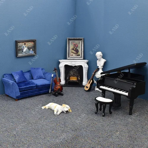 Vista 2 de iLAND Muebles modernos para casa de muñecas en escala 1/12 de sofá en miniatura para sala de estar de casa de muñecas (terciopelo azul oscuro)