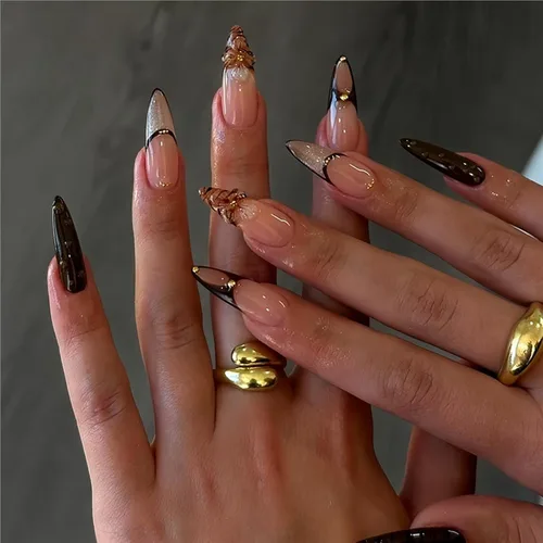 Vista 29 de Uñas postizas de almendra medianas MABKJLF con punta francesa, uñas falsas 3D con diseños de pedrería de flores de fresa, uñas pegajosas brillantes 1