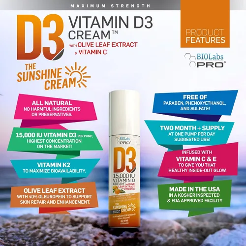 Vista 3 de BIOLABS PRO Crema natural de vitamina D3 de 15000 UI de vitamina D, máxima fuerza, combate la deficiencia de vitamina D de forma natural