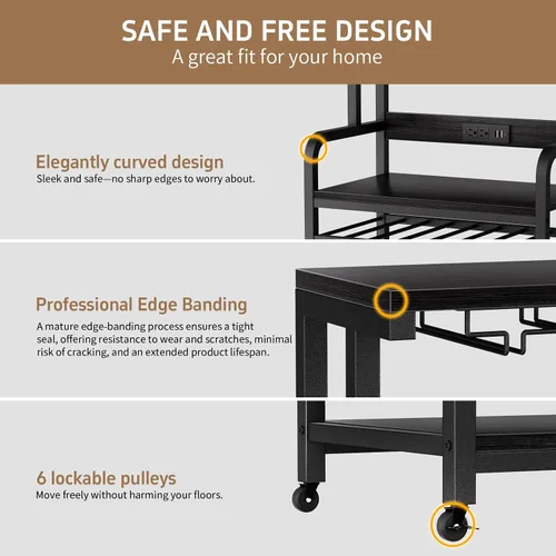 Vista 5 de Mini soporte para refrigerador con toma de corriente, soporte para microondas con estante para vino, barra de café con cestas de almacenamiento