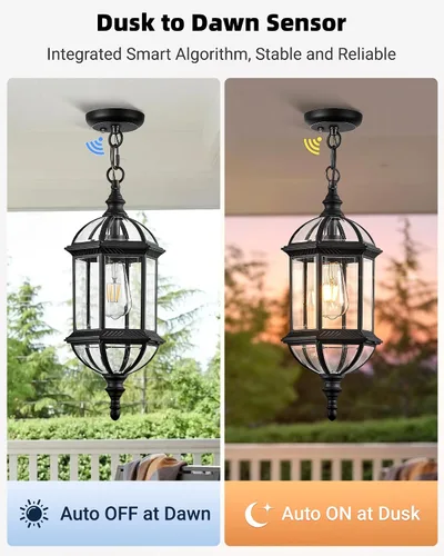 Vista 2 de VIANIS Luces colgantes grandes de 20 pulgadas para exteriores del atardecer al amanecer, luz colgante exterior negra, luces de techo exteriores
