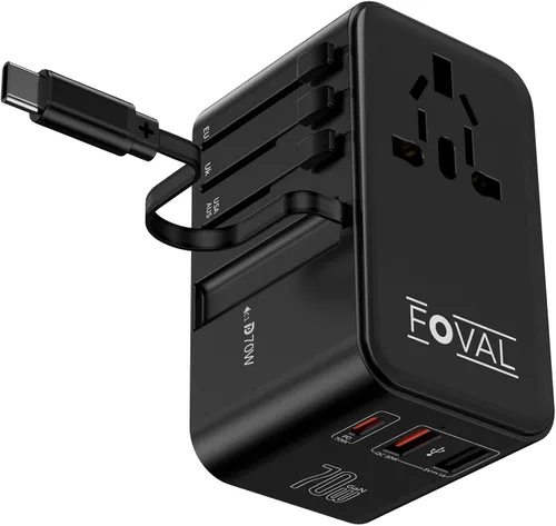 Vista 8 de FOVAL Adaptador de enchufe de viaje europeo, adaptador de viaje universal con cable USB C retráctil, adaptador de corriente internacional todo