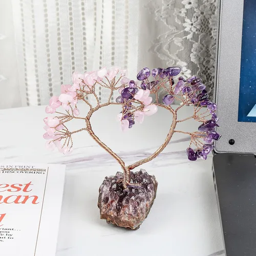 Vista 3 de TUMBEELLUWA Árbol de dinero con piedras de cristal con base de racimo de amatista natural, hecho a mano, figura de amor, árbol bonsái para buena