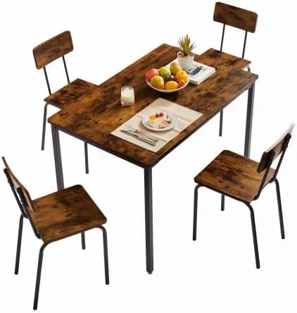 Vista 8 de anwickjeff Juego de mesa de comedor para 4 mesas de bar y sillas, juego de 5 piezas de mesa de cocina rectangular de madera de metal industrial y 4