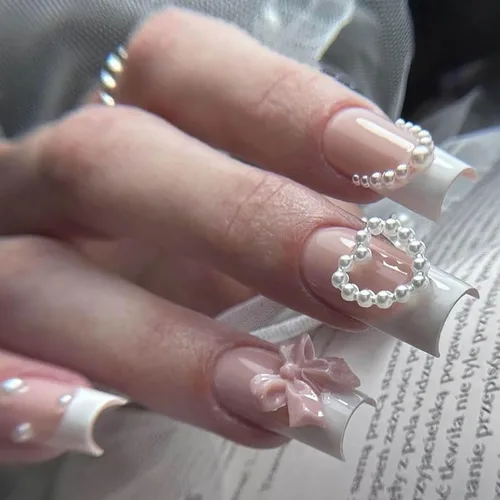 Vista 13 de Lindas uñas a presión de tamaño mediano - Uñas falsas cuadradas con punta francesa, uñas acrílicas rojas de cobertura completa brillantes