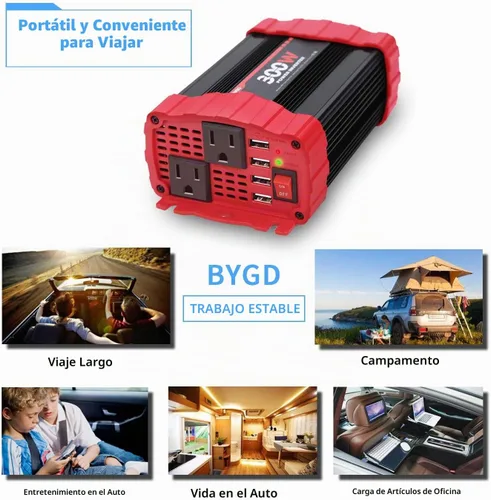 Vista 6 de Inversor de corriente para automóvil de 300 W, convertidor de adaptador de enchufe de vehículo de 12 V CC a 110 V CA con 4 puertos de carga rápida