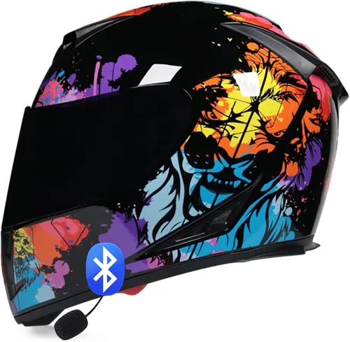 Vista 13 de Casco de motocicleta Bluetooth de cara completa, aprobado por DOT, abatible, antivaho, doble visera, altavoz dual integrado con micrófono