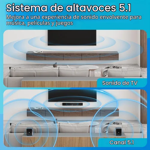 Vista 3 de Acoustic Audio 5.1 Barra de sonido envolvente para cine en casa con Bluetooth, RCA, óptico, ARC, AUX, subwoofer inalámbrico y control remoto