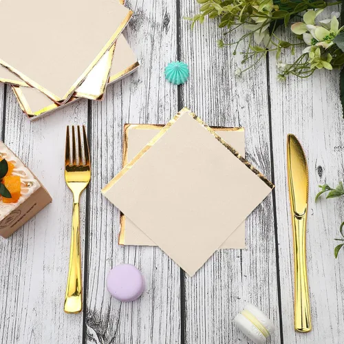 Vista 5 de Fulmoon Paquete de 100 servilletas de cóctel de papel de 2 capas con borde de lámina dorada para bebidas, postre, servilletas de papel desechables