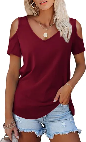 Vista 23 de Amoretu - Camisetas de manga corta con hombros descubiertos, cuello en V, blusa y túnica para mujer A: Negro