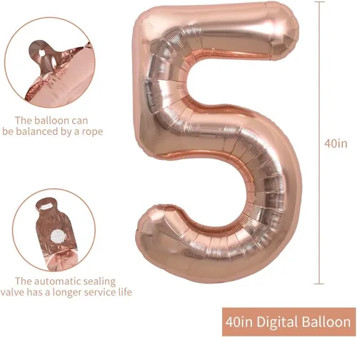 Vista 2 de TONIFUL Globos de 40 pulgadas de oro rosa con números grandes del 0 al 9, globos digitales de helio número 5 del número 5, globos de aluminio