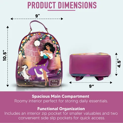 Vista 2 de Loungefly Disney Hunchback of Notre Dame Esmeralda - Mini bolso de hombro con doble correa, grabado con flores bordadas, Púrpura, Bolso de hombro
